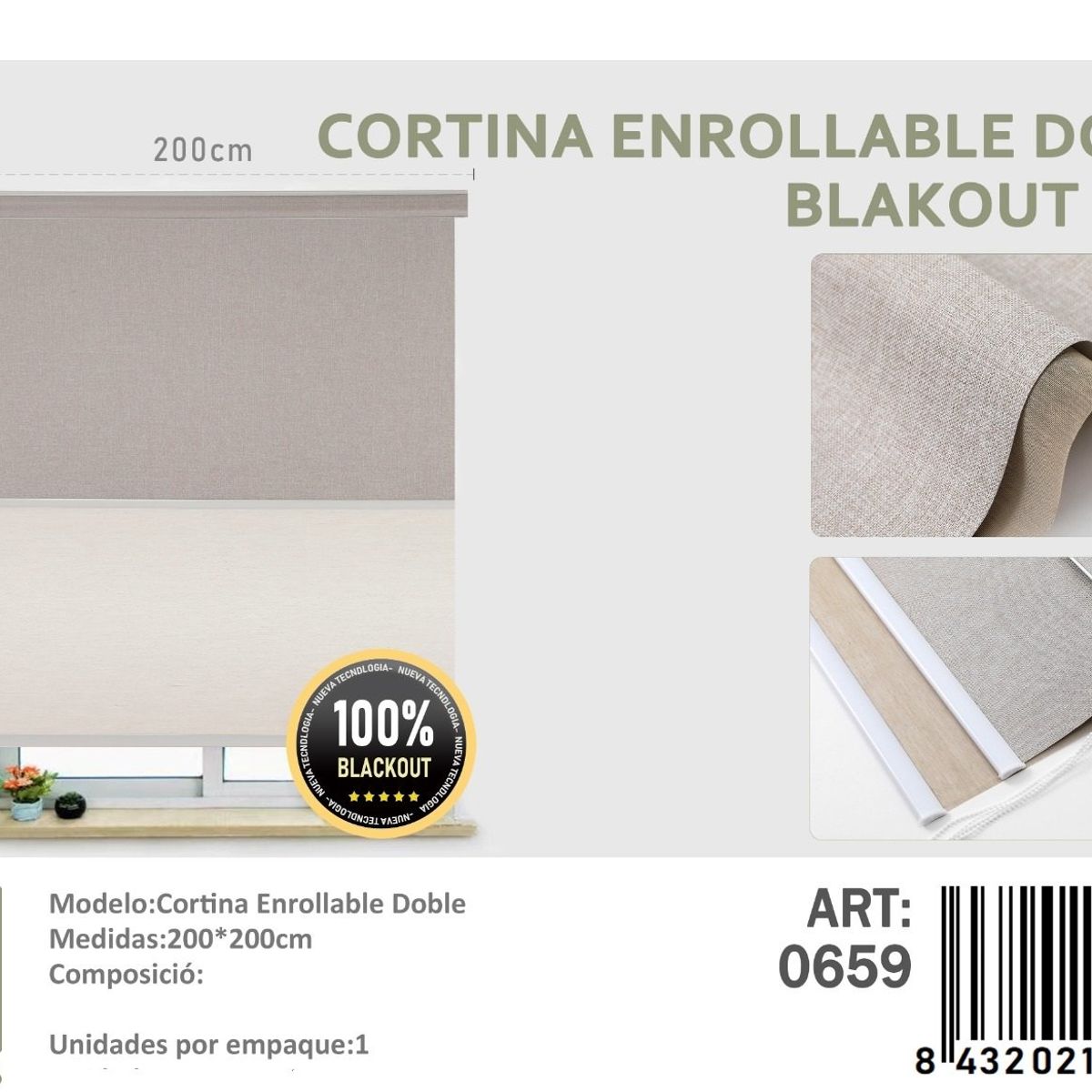 ANGELES DEL HOGAR - Cortinas Roller Blackout Doble jaspeada  200 cm x 200 cm Kaki