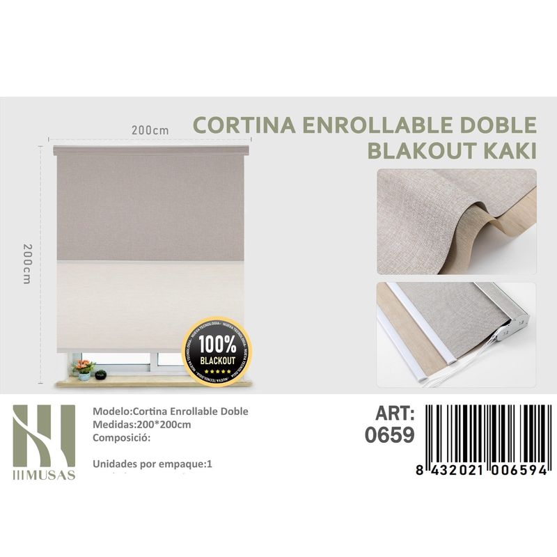 ANGELES DEL HOGAR - Cortinas Roller Blackout Doble jaspeada  200 cm x 200 cm Kaki