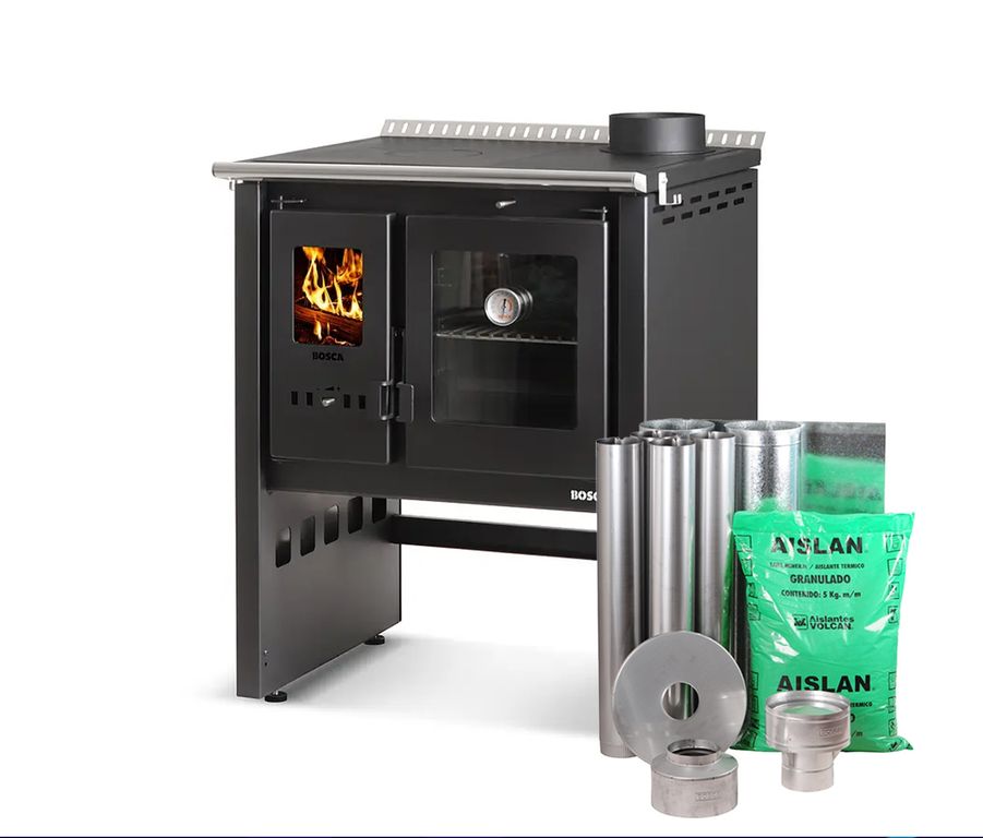 BOSCA Pack Cocina a leña Ares 70 charcoal + kit de instalación