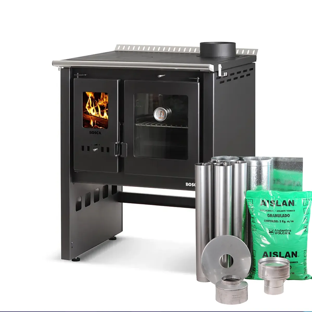 BOSCA - Pack Cocina a leña Bosca Ares 70 charcoal + kit de instalación