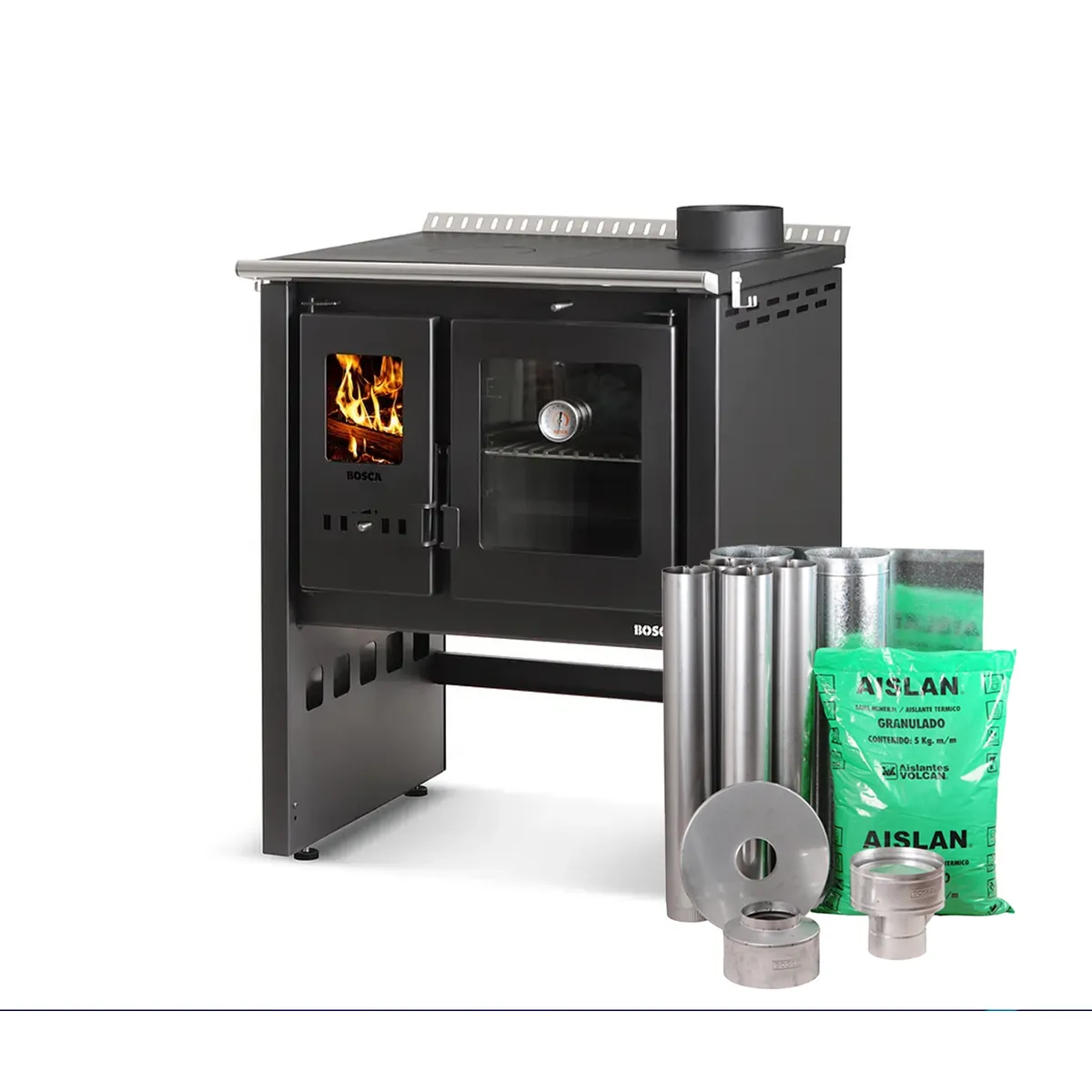 BOSCA - Pack Cocina a leña Bosca Ares 70 charcoal + kit de instalación