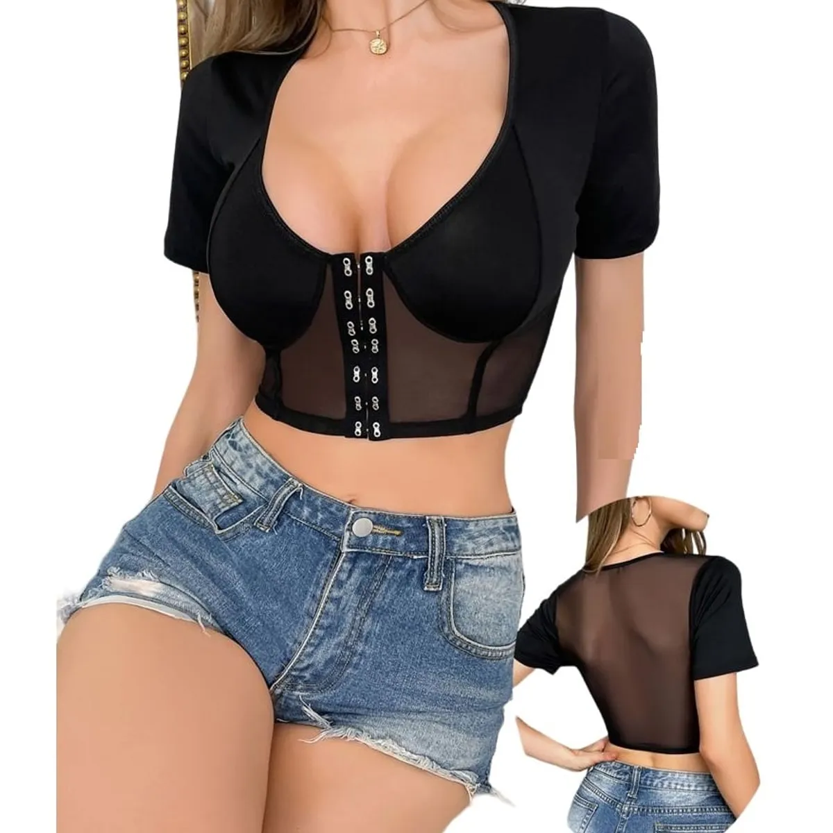 GARSIL - Crop Top Peto Para Mujer Con Broches Delanteros Tela Traslucida