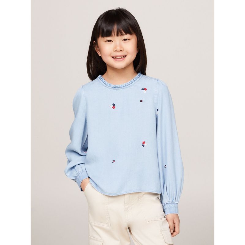 TOMMY HILFIGER - Blusa De Chambray Con Bordado Floral Celeste Tommy Hilfiger