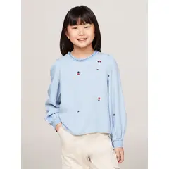 TOMMY HILFIGER - Blusa De Chambray Con Bordado Floral Celeste
