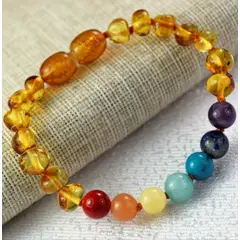 CORAZÓN DE ÁMBAR - Pulsera de ámbar miel y 7 chakras
