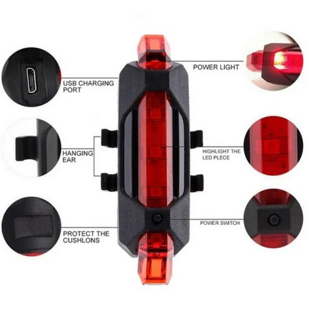 GENERICO - Luz led Bicicleta Trasera usb recargable Color Rojo