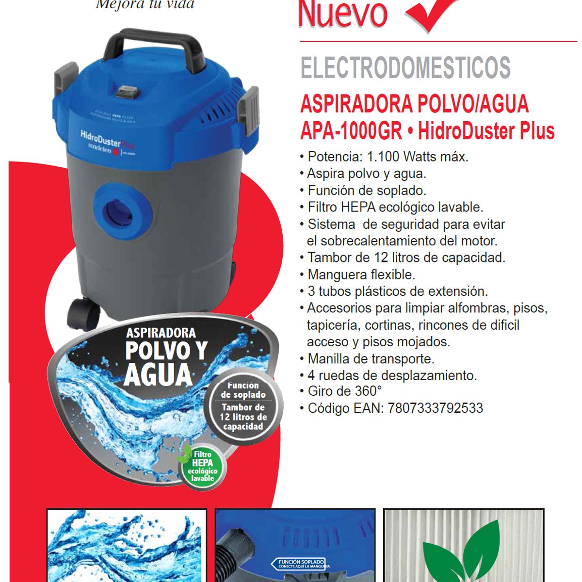 SINDELEN - Aspiradora de Tambor Sindelen APA-1000GR Polvo/agua 10 Lts