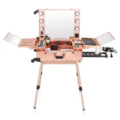 DETODOYMAS - Maleta Profesional de Maquillaje con Luces Tamaño L - Dorado
