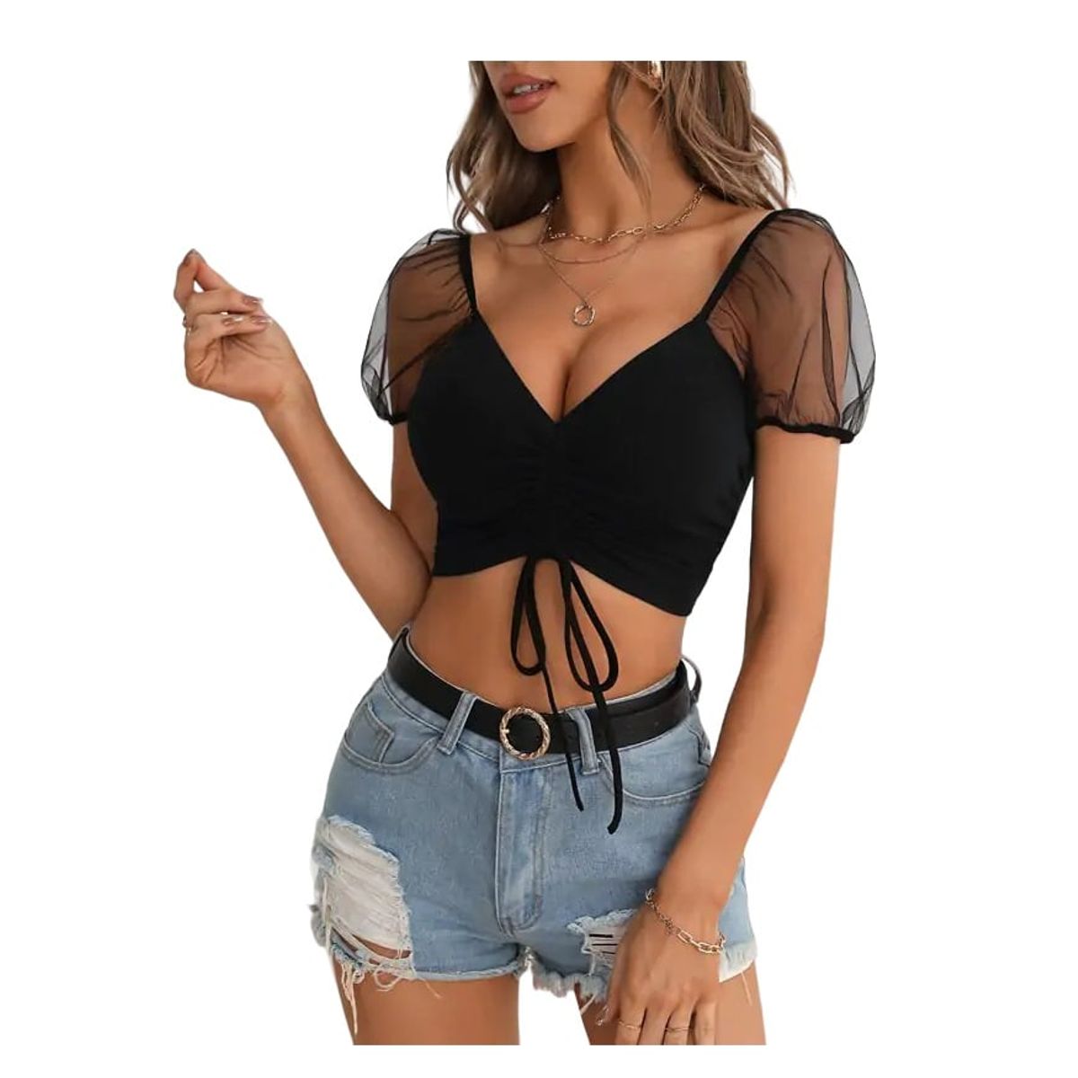 GARSIL - Crop Top Peto Para Mujer Con Ajuste Y Manga Traslucida Tipo Globo