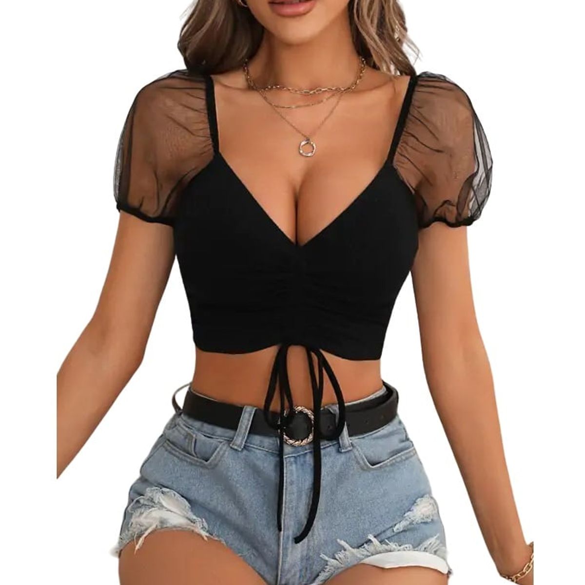 GARSIL - Crop Top Peto Para Mujer Con Ajuste Y Manga Traslucida Tipo Globo