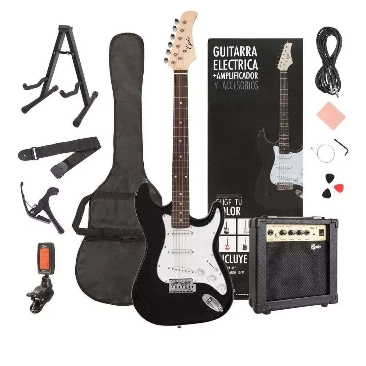 GENERICO - Guitarra Electrica Epic 39 Pack Strato Amplificador + Accesorios Negro/Blanco