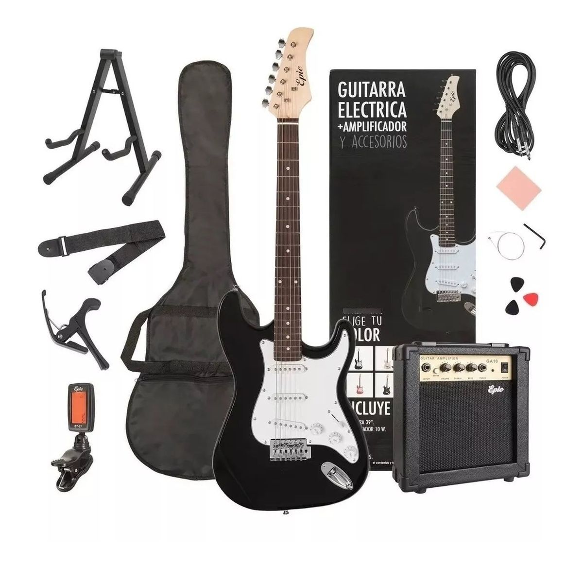GENERICO - Guitarra Electrica Epic 39 Pack Strato Amplificador + Accesorios Negro/Blanco