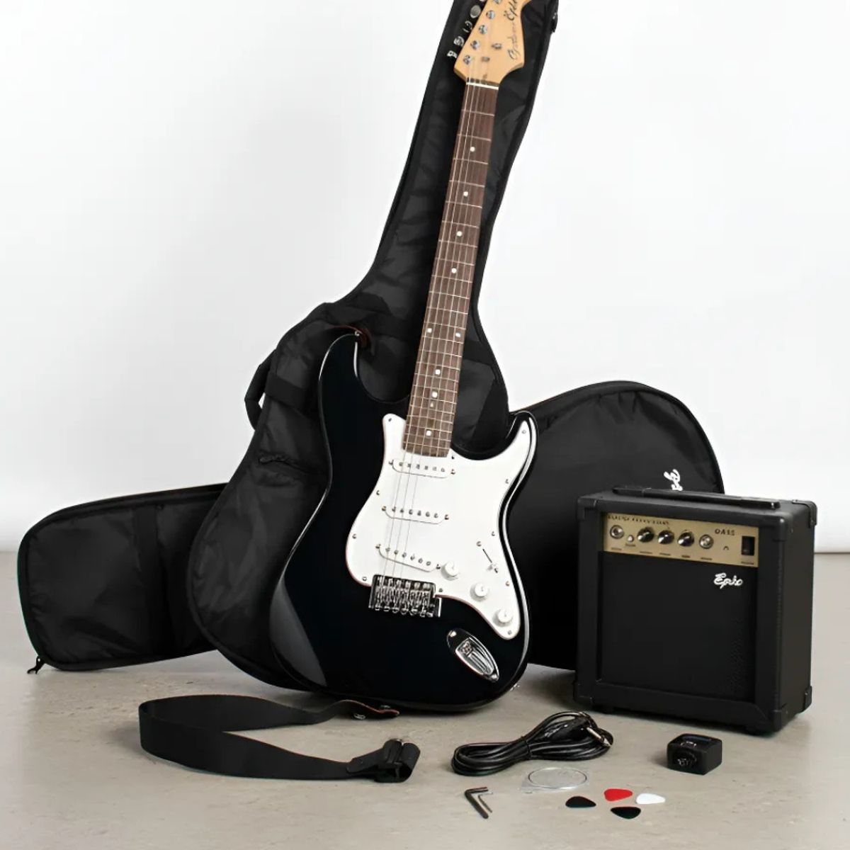 GENERICO - Guitarra Electrica Epic 39 Pack Strato Amplificador + Accesorios Negro/Blanco