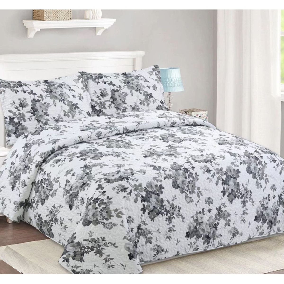 COMPRAPO - Cubrecama Quilt Liviano 2 Plazas Flower Gray + 2 Fundas 50x70 Cm