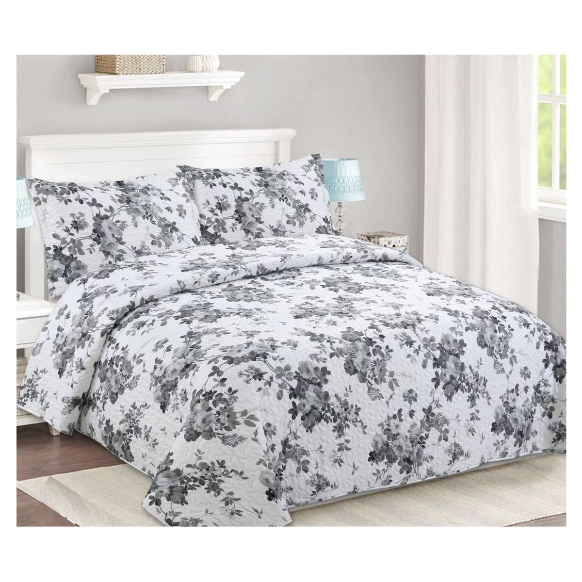 COMPRAPO - Cubrecama Quilt Liviano 2 Plazas Flower Gray + 2 Fundas 50x70 Cm