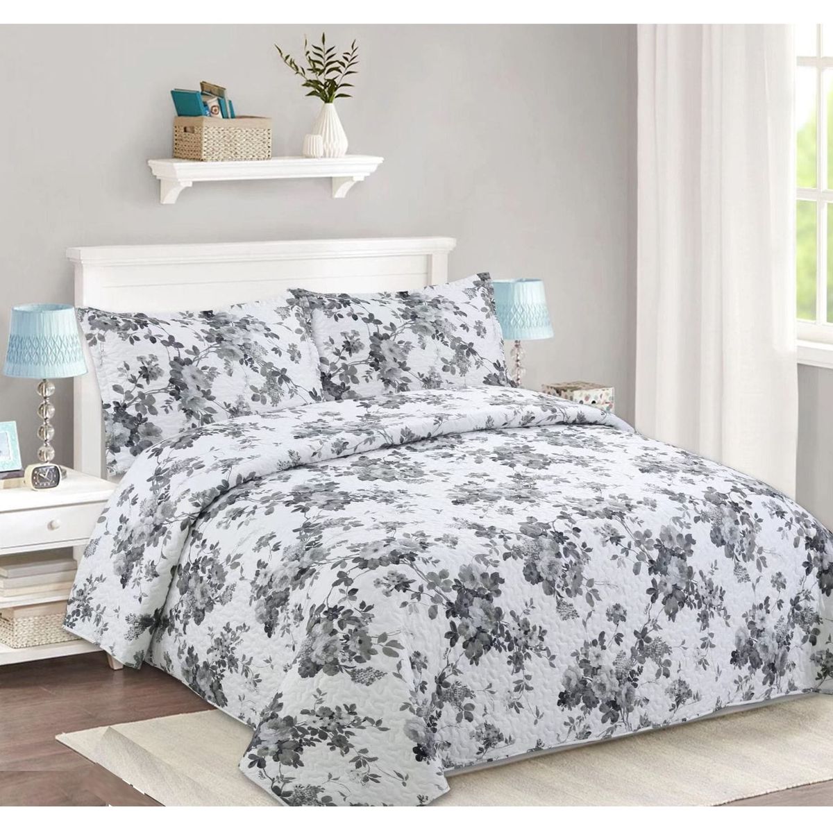 COMPRAPO - Cubrecama Quilt Liviano 2 Plazas Flower Gray + 2 Fundas 50x70 Cm