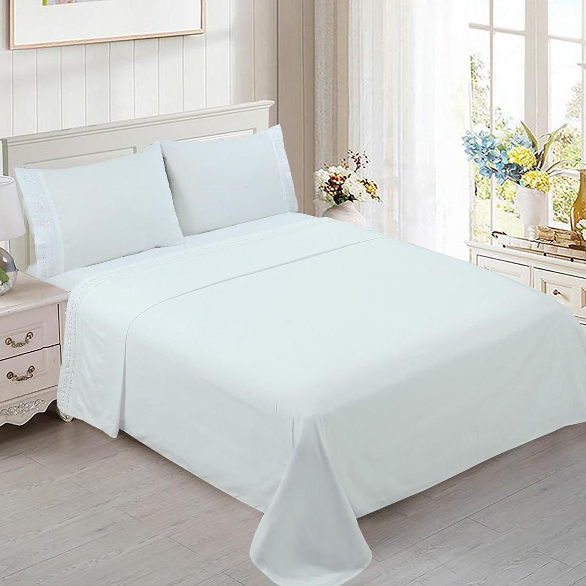 ANGELES DEL HOGAR - Juego de Sabana Super King Bordada Blanco 200 Hilos