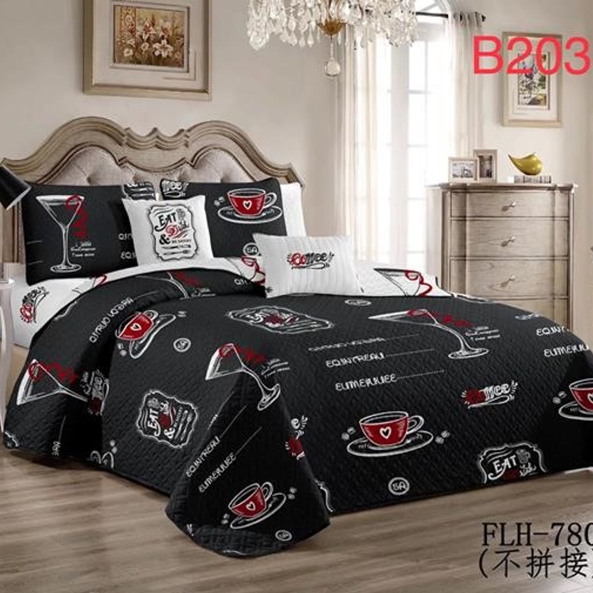 GENERICO - Cobertor de verano tipo Quilt con fundas  - 2 Plazas Negro Copas