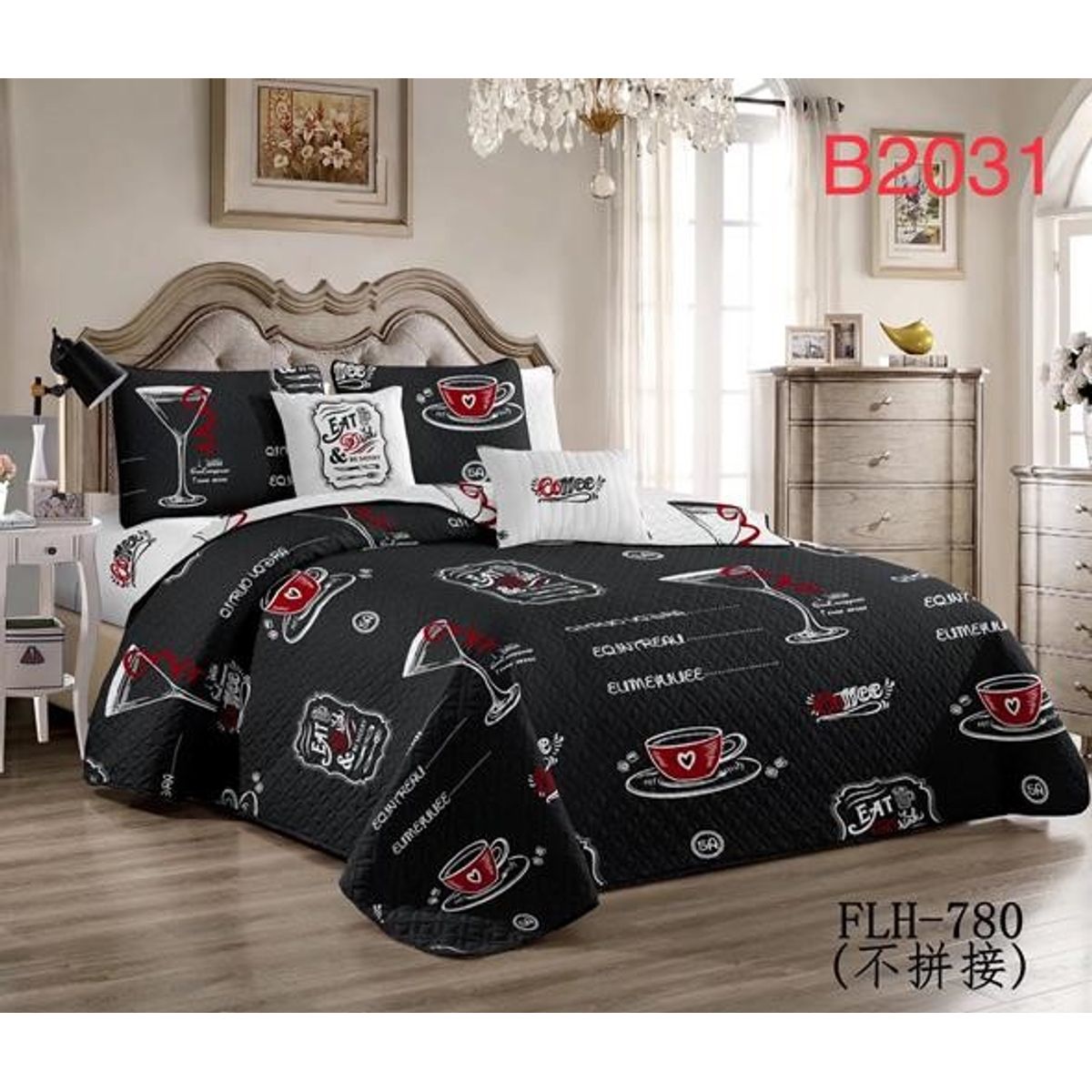 GENERICO - Cobertor de verano tipo Quilt con fundas  - 2 Plazas Negro Copas