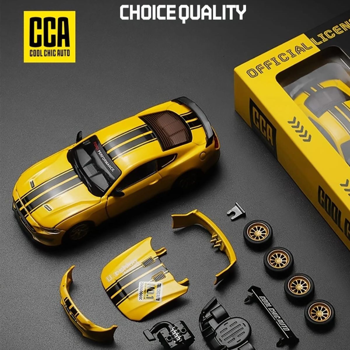 CC - Mustang GT a escala color amarillo V8 piezas intercambiables