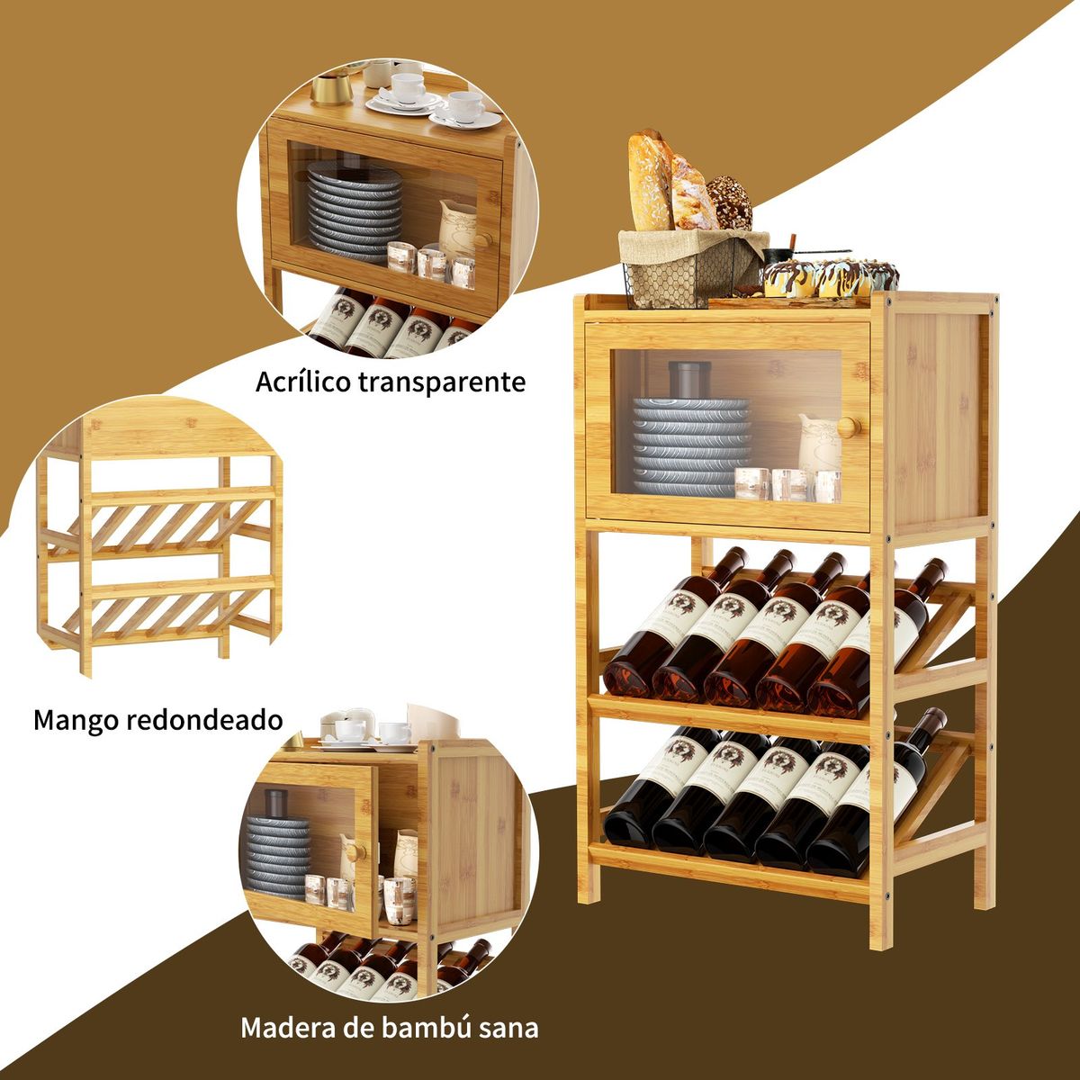 AIZO - Estante Porta Vinos Hogar Vitrina De Madera Con Basculante