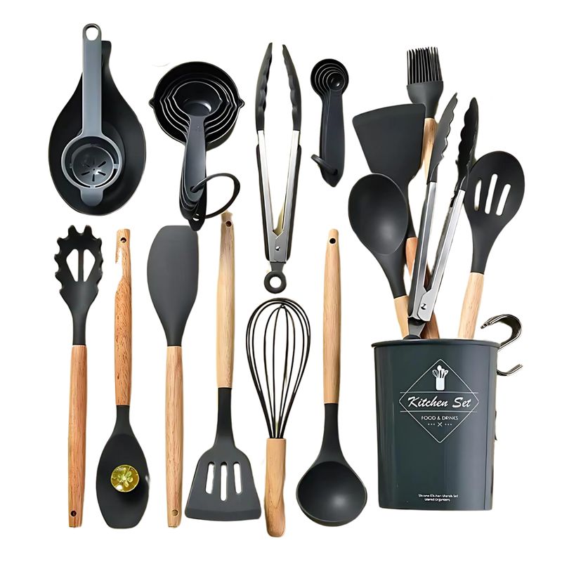 ELEONOR - Set De Utensilios De Cocina Silicona Mango Madera 34 Pzas - Turquesa