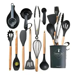 ELEONOR - Set De Utensilios De Cocina Silicona Mango Madera 34 Pzas - Turquesa