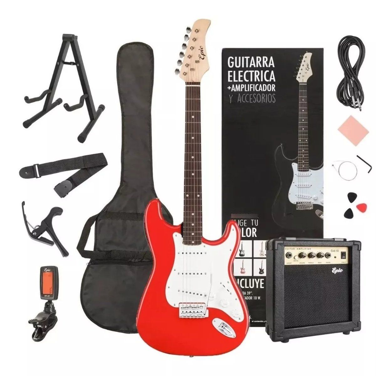 GENERICO - Guitarra Electrica Epic 39 Pack Strato Amplificador + Accesorios Roja
