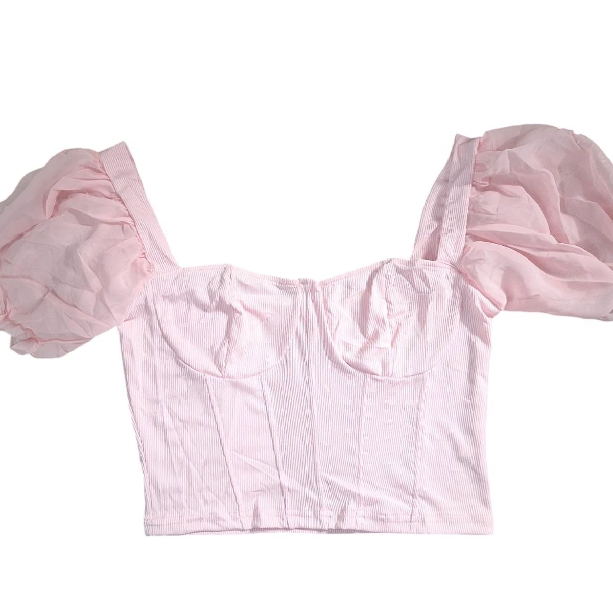 GARSIL - Crop Top Peto Mujer Manga Corta Tipo Globo Tela Acanalada