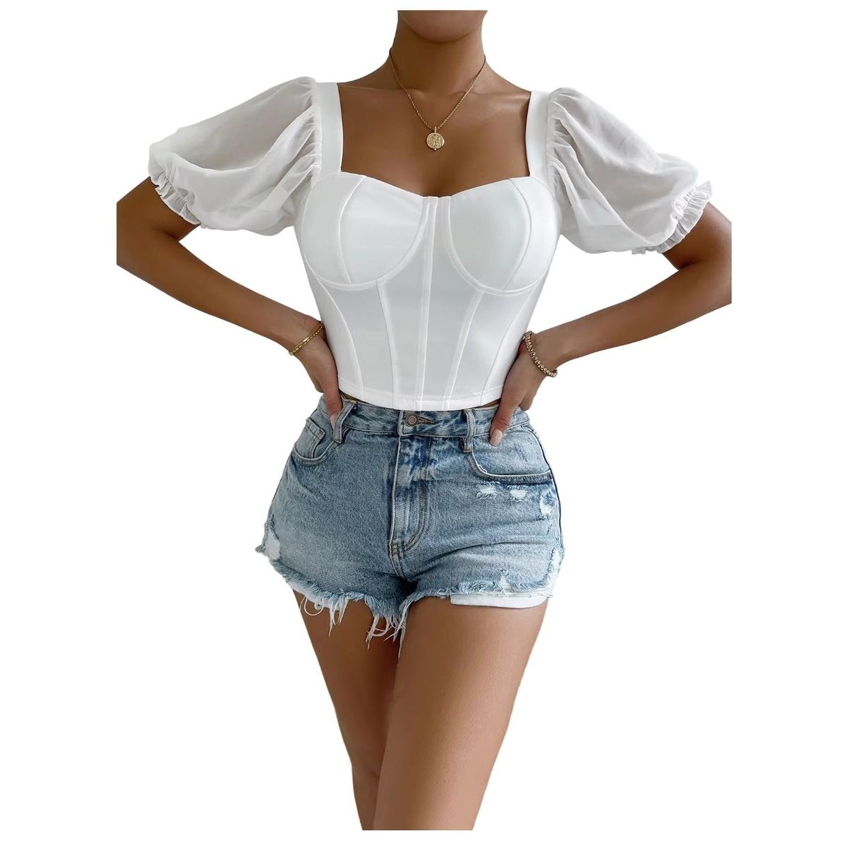 GARSIL - Crop Top Peto Mujer Manga Corta Tipo Globo Tela Acanalada