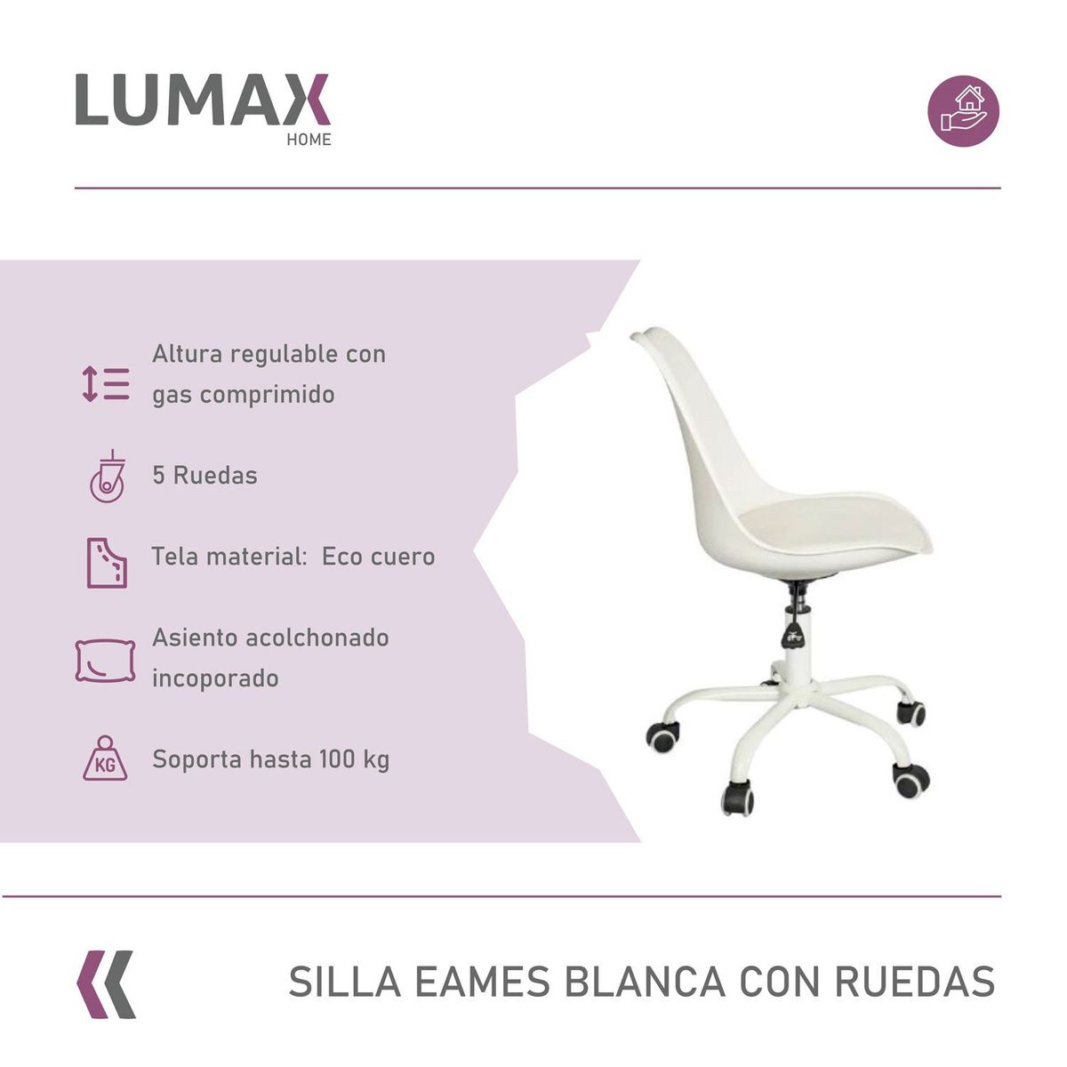 LUMAX - Silla De Oficina Eames Con Ruedas Minimalista Blanca