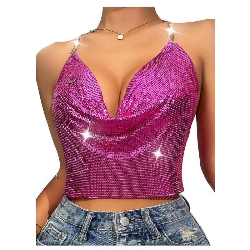 GARSIL - Sensual Crop Top Metalizado Tirantes De Cadenas Peto Para Mujer