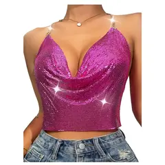 GARSIL - Sensual Crop Top Metalizado Tirantes De Cadenas Peto Para Mujer