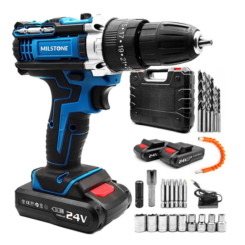 GENERICO - Kit Taladro Destornillador Inalámbrico 24v + 2 Baterías con Acessorios - Azul