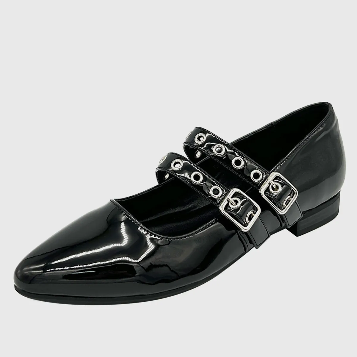 DINASTELLA - Ballerina para Mujer con Hebilla de Punta Redonda de Charol Negro