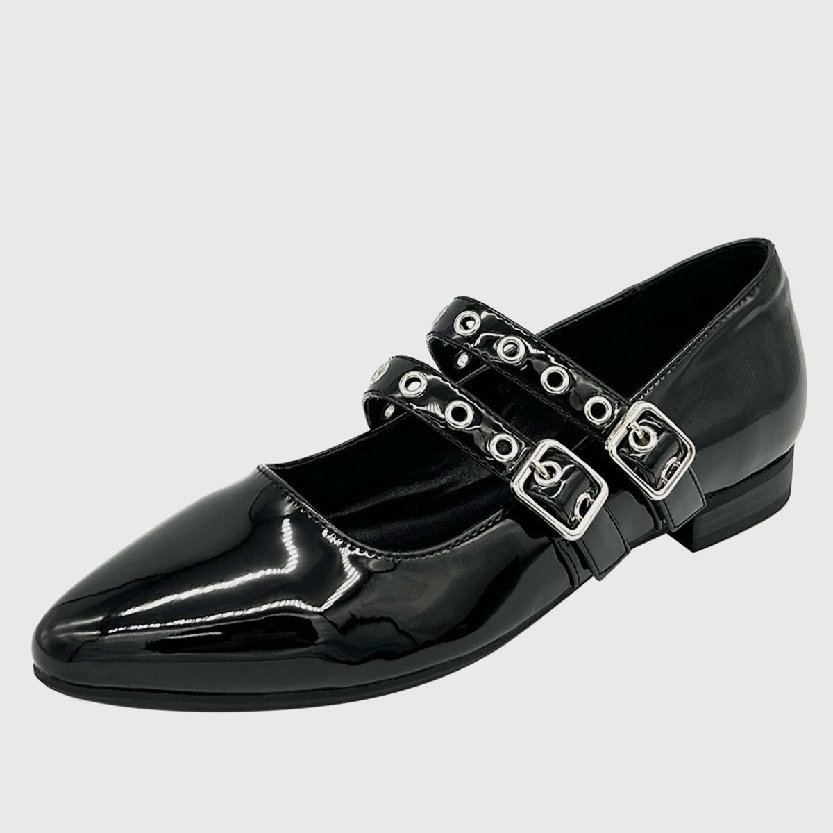 DINASTELLA - Ballerina para Mujer con Hebilla de Punta Redonda de Charol Negro