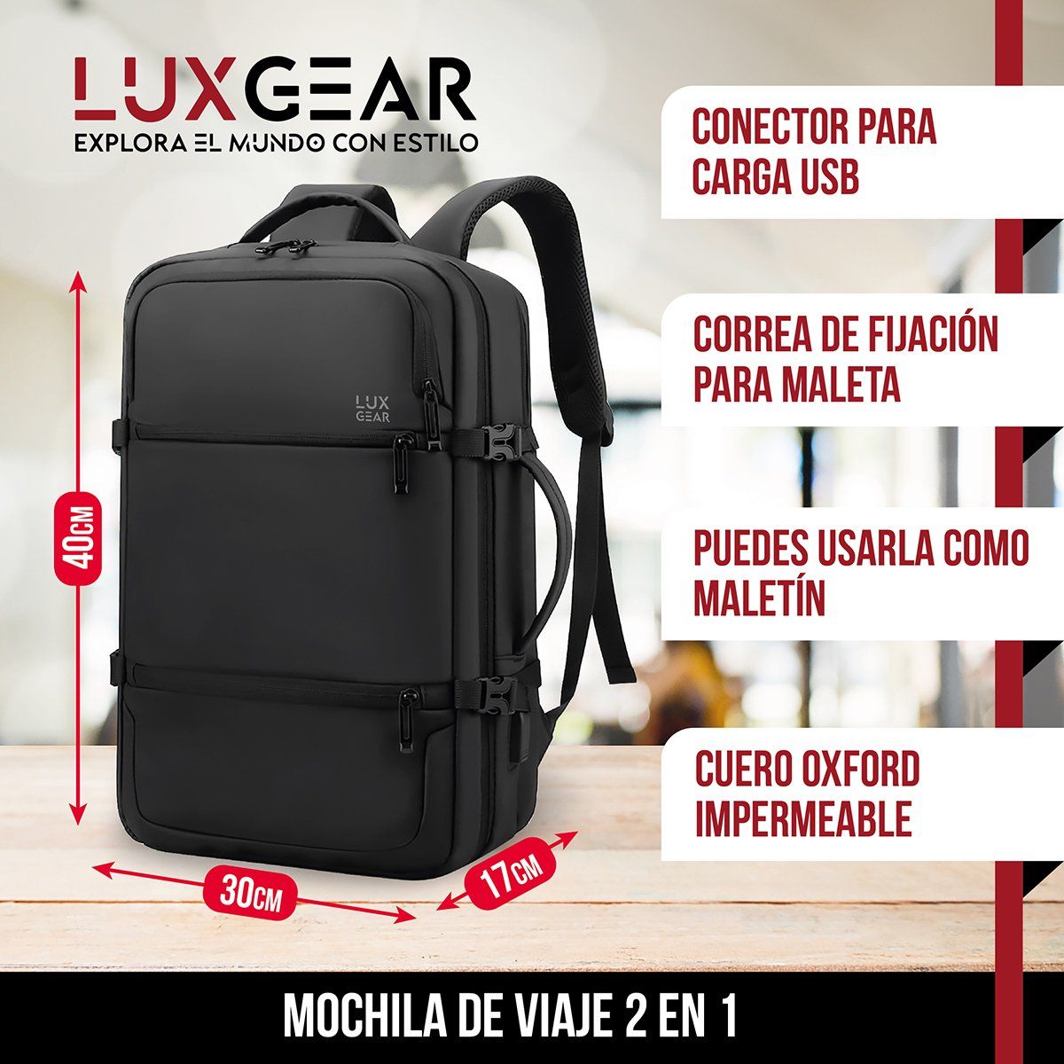 LUXGEAR - Mochila Notebook Viaje Luxgear Elite Impermeable Ejecutiva