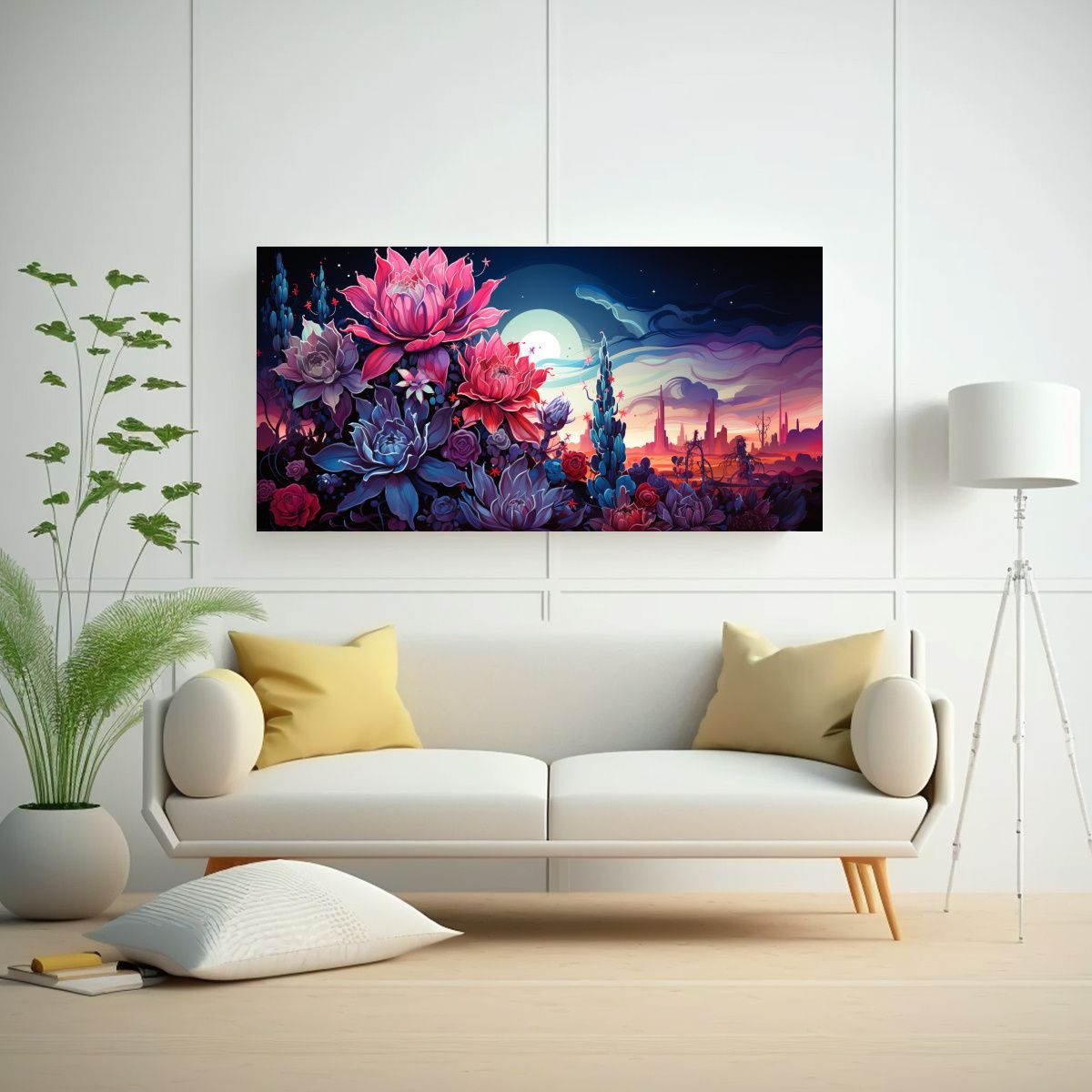 GENERICO - Cuadro De Cactus En Tonos Morado Y Azul Atmosfera 160x80cm