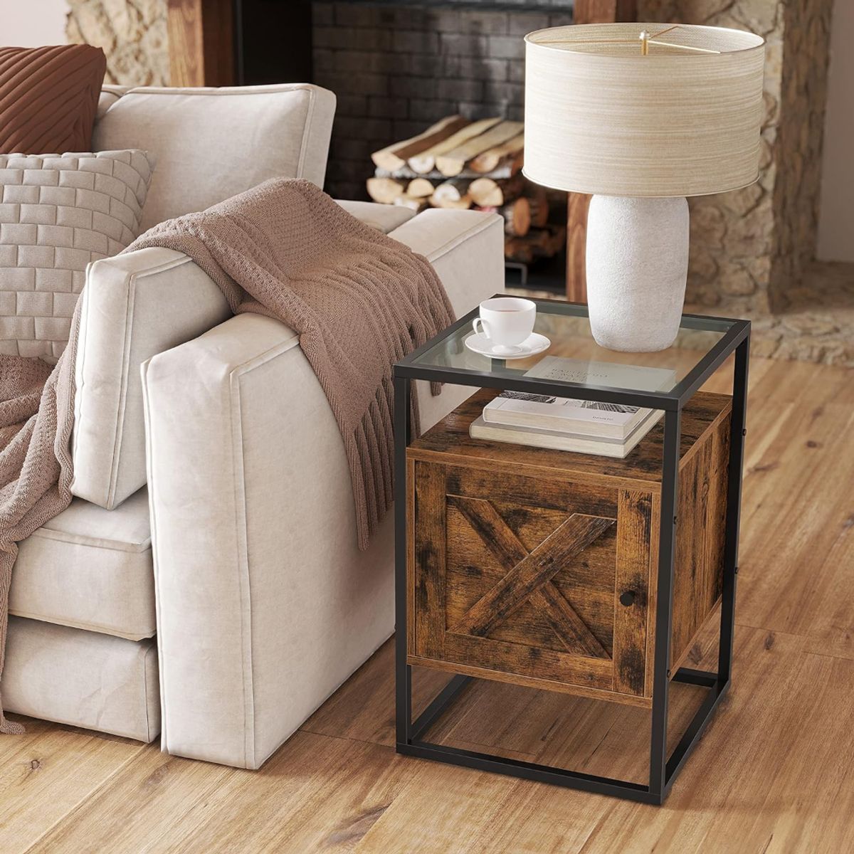 SPACEZAT - Mesa Lateral Auxiliar Velador Madera y Vidrio Bettna