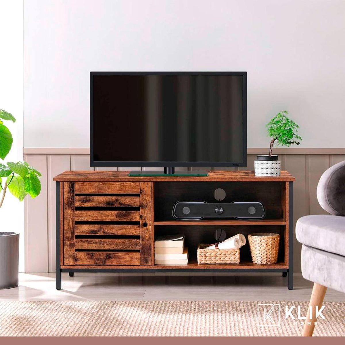 KLIK - Rack Mueble de TV Rustico 55 Pulgadas Madera Oscura Walnut