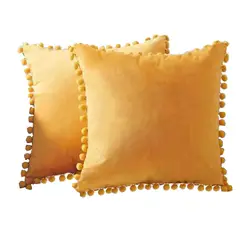 DECORACION CREATIVA - 2 cojines Terciopelo Amarillo con Pompon