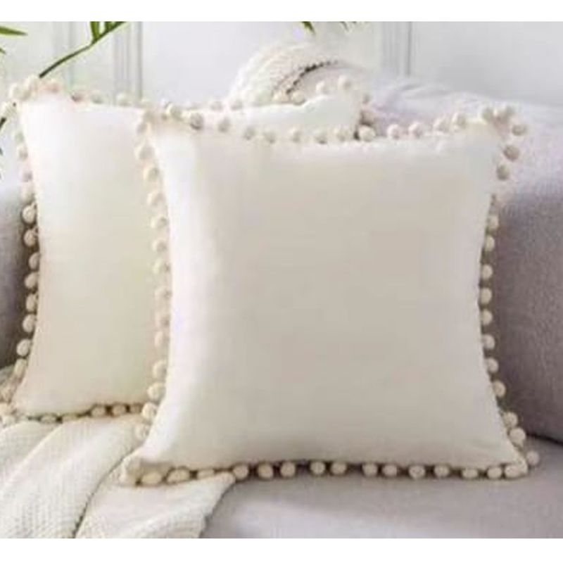 DECORACION CREATIVA - 2 cojines Terciopelo - Blanco Invierno con Pompon