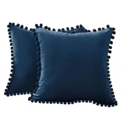 DECORACION CREATIVA - Set 2 Fundas Tercipelo Azul con Pompom