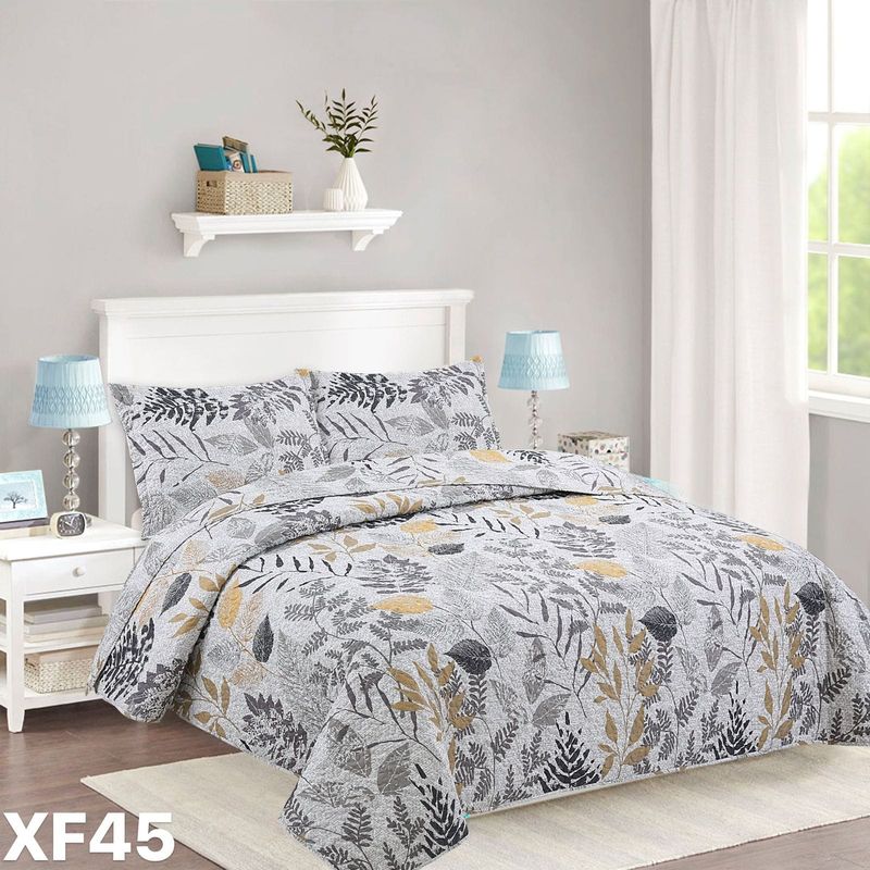GENERICO - Cubrecama Quilt Verano 2 Plazas - Gris Hojas Doradas XF45