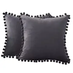 DECORACION CREATIVA - 2 Cojines Terciopelo Gris con Pompon