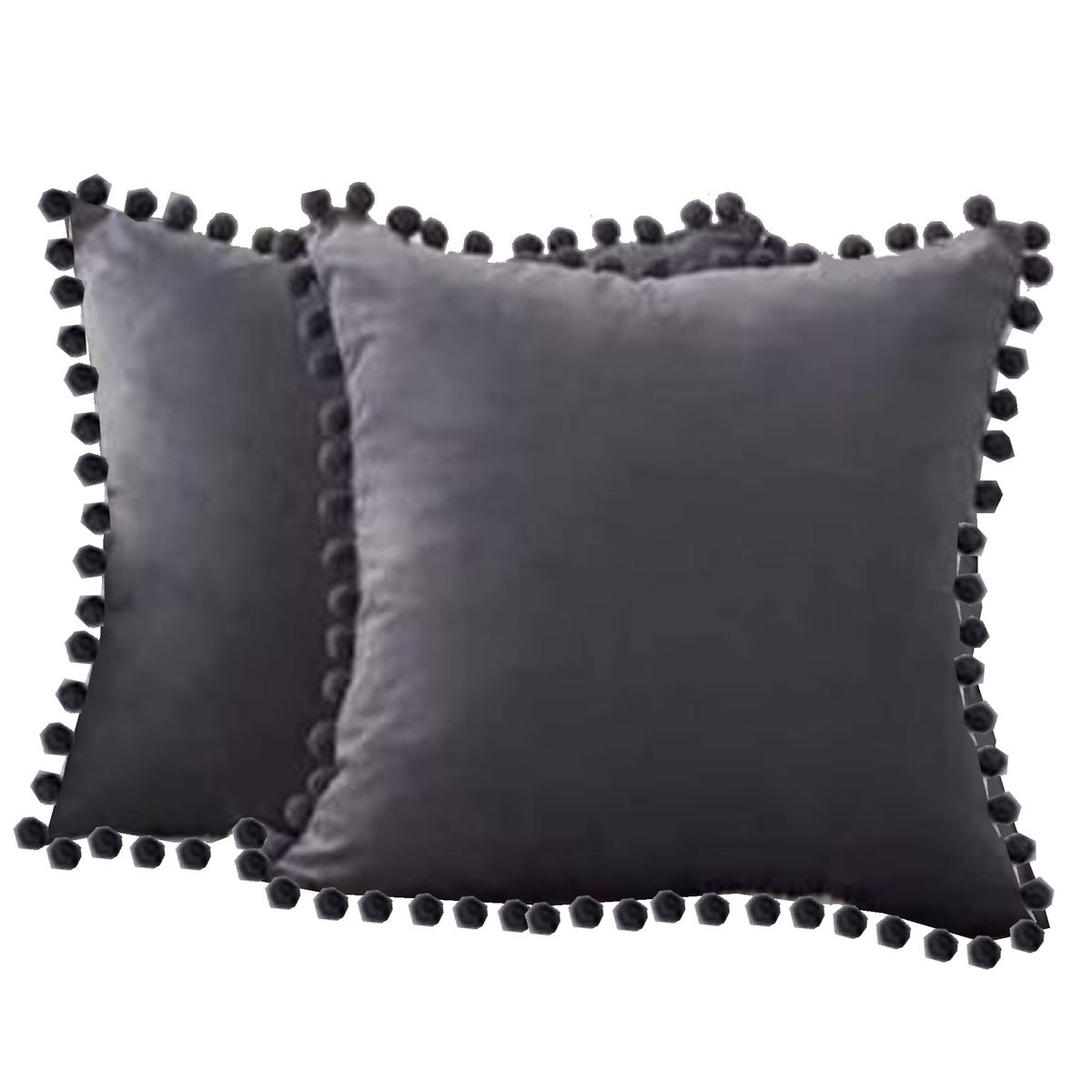 DECORACION CREATIVA - Set 2 Fundas Tercipelo Gris con Pompom