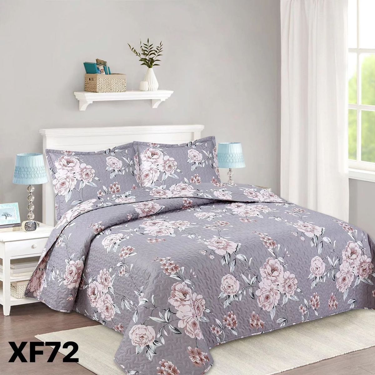 GENERICO - Cubrecama Quilt Verano 2 Plazas - Gris Rosas XF72
