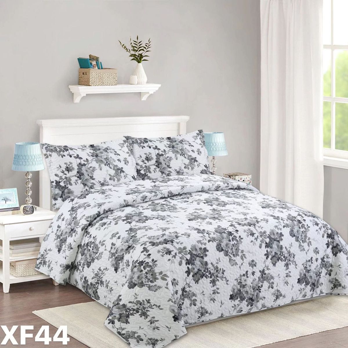 GENERICO - Cubrecama Quilt Verano 2 Plazas - Blanco Hojas Grises XF44