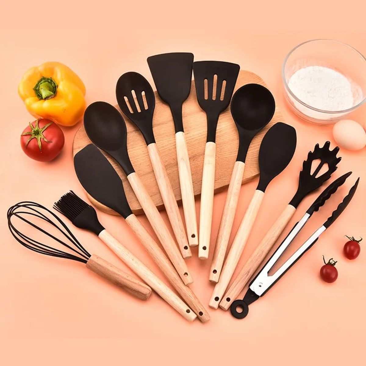 GENERICO - Set de utensilios de cocina 12 pcs silicona negro