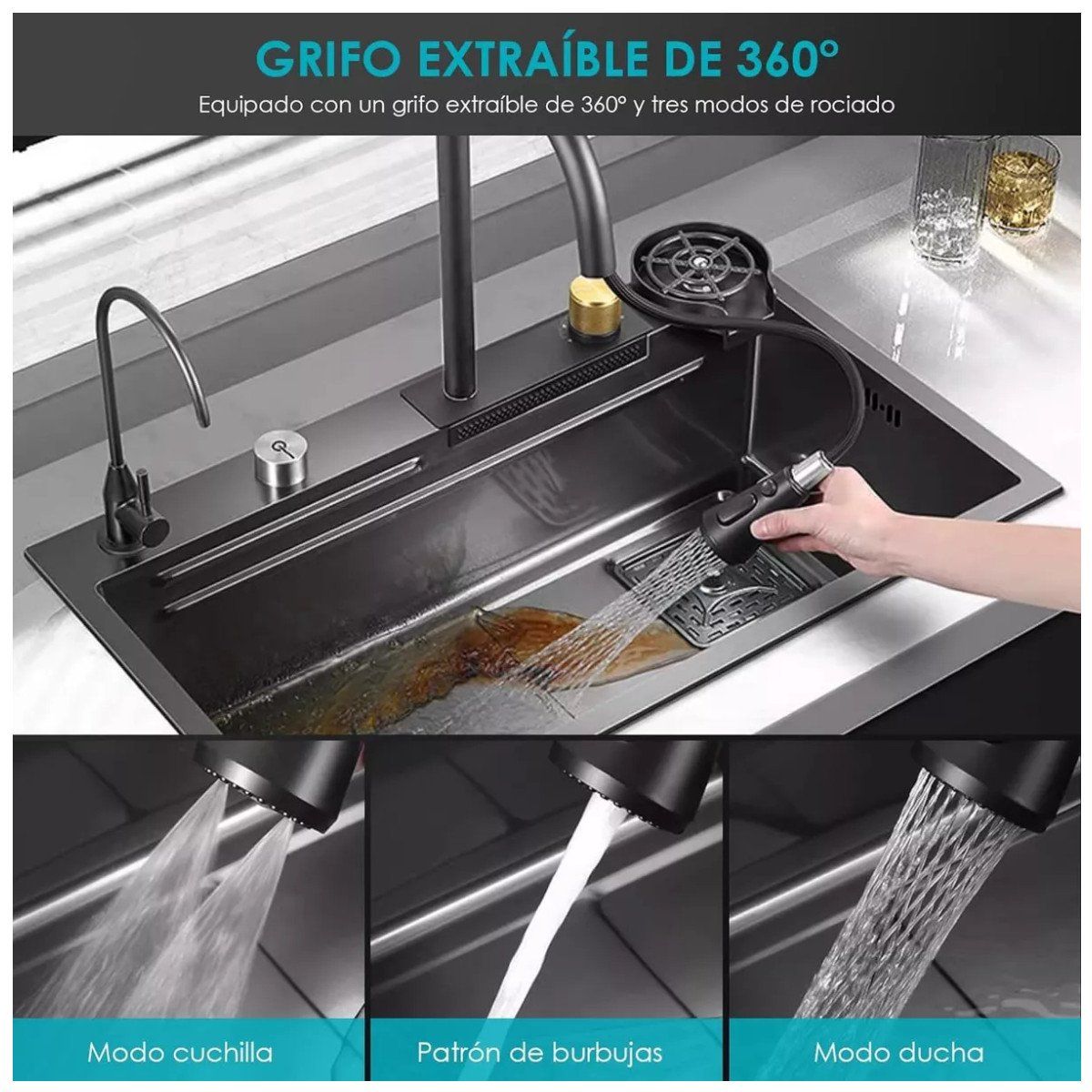 KUANGYE - Set Lavaplatos Cascada Empotrado Acero Inoxidable 75x45x21cm